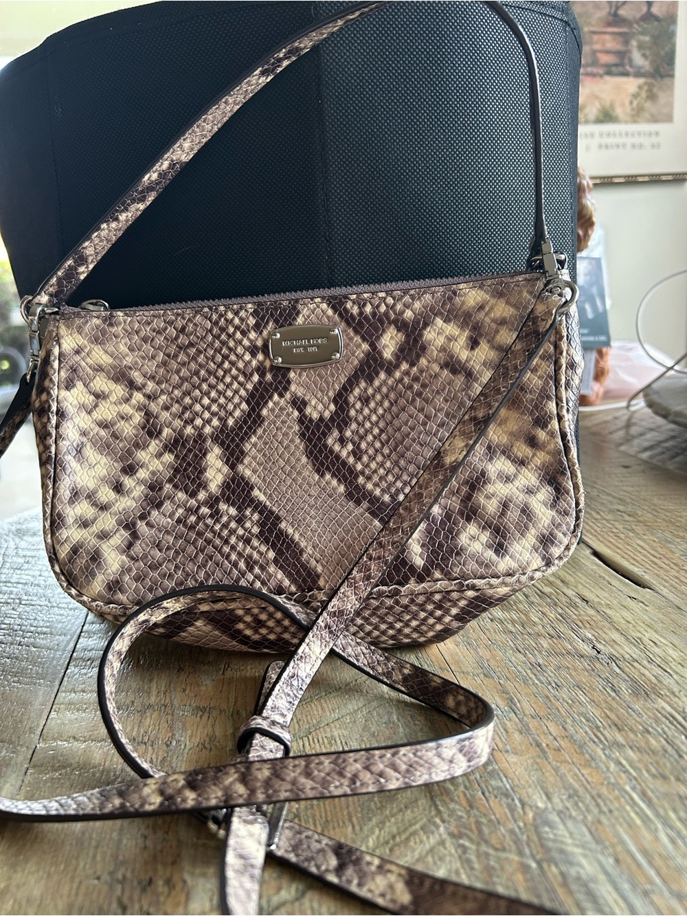 Michael Kors Taupe and Dark Brown Snake-Print Crossbody Bag